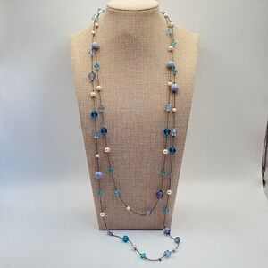 Long Beaded Strand Necklace Blue Purple Faux Pearl Costume Jewelry Women